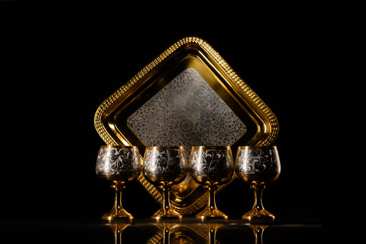 Handmade Sliver Plated Gold Polish 4 Wine Glass & 1 Square Tray